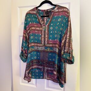 Rafaella - Large - Purple Green Capri Sleeves Blouse Top/Shirt